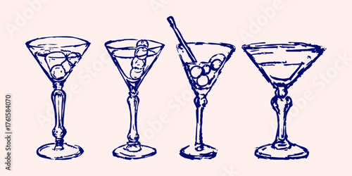 Cocktail Glasses Hand Drawn Charcoal Crayon Trendy Style. Wine Glass Design of Grunge Blue Texture. Cocktail Set for Xmas and Party, Menu, Cafe, Birthday Design. Vector Illustration