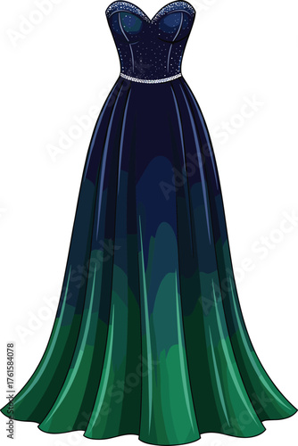 Strapless evening gown with celestial bodice and gradient skirt, fashion illustration for formal, prom, bridal, gala, or luxury wear.