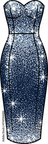 Strapless Navy Blue Dress Vector with Sweetheart Neckline, Glitter Pattern, Elegant Pencil Silhouette for Fashion, Evening Wear, and Style Themes