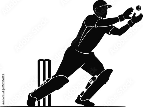 Silhouette of a cricket player catching a ball