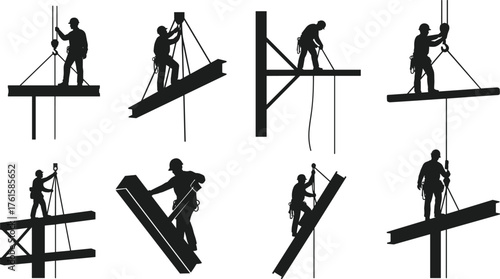 ilhouette construction workers on steel beams, black icons, safety harnesses, crane lifting, high-rise tasks, posture variation, industrial labor, teamwork