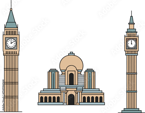 Stylized architectural landmarks featuring clock towers and domed building with classical columns, symmetrical design, and historic European structure illustration
