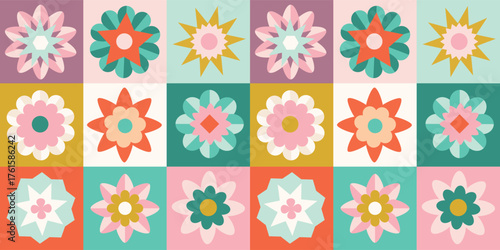 Seamless Christmas pattern with vintage foil light reflectors. Trendy aesthetic minimalistic geometric background. Hand drawn vector illustration. Boho, decorative, winter wallpaper.
