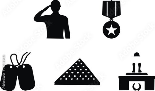 Set of five black military-themed icons including soldier salute, medal, dog tags, folded flag, and memorial tribute silhouette