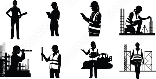 Silhouette construction workers, safety helmets, site activities, engineering roles, surveying tools, blueprint holders, scaffolding, black icons, professional poses, field operations