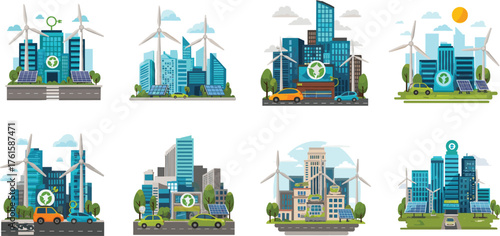 Sustainable city, eco-friendly buildings, renewable energy, wind turbines, solar panels, green urban infrastructure, clean environment, and future technology illustration.