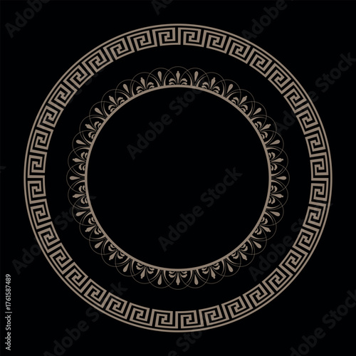 Greek gold round frame on black background. Greek key, meander pattern. Greek round frame. Greek pattern. Patterns of Greece and ancient Rome. For laser cutting, engraving, embroidery, porcelain