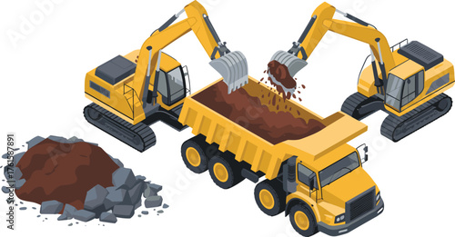 Isometric illustration of yellow excavator and dump truck working together on construction site loading and transporting soil and rocks