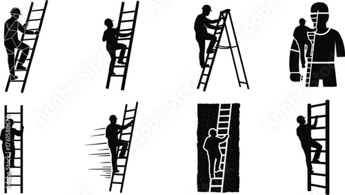 Silhouette people climbing ladders, construction workers on ladder, teamwork, safety gear, vertical ascent, black icons, occupational activity, ladder poses