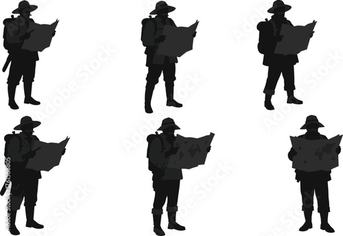 Traveler explorer man silhouette vector with backpack holding map, tourist adventure, navigation, direction finding, outdoor hiking, journey, expedition design illustration