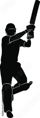 Silhouette of a cricketer batting in action