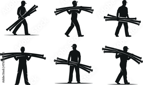 Silhouette workers carrying pipes, manual labor poses, black icons, construction effort, industrial transport, walking motion, safety gear, heavy load handling