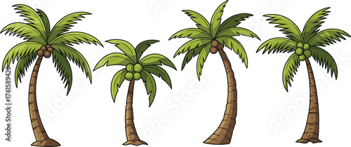Tropical coconut palm tree illustration, exotic beach summer design, natural island landscape vector, vacation holiday concept, green palm artwork.