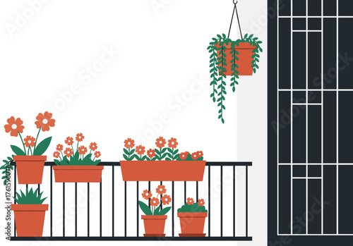Urban balcony garden with colorful potted flowers, hanging plants, and minimalist decor for home gardening and outdoor lifestyle inspiration