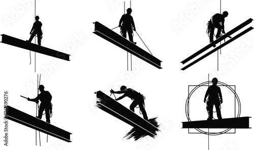Silhouettes of construction workers balancing on steel beams, rope handling, painting, coordination, safety gear, industrial posture, Vitruvian-inspired illustration