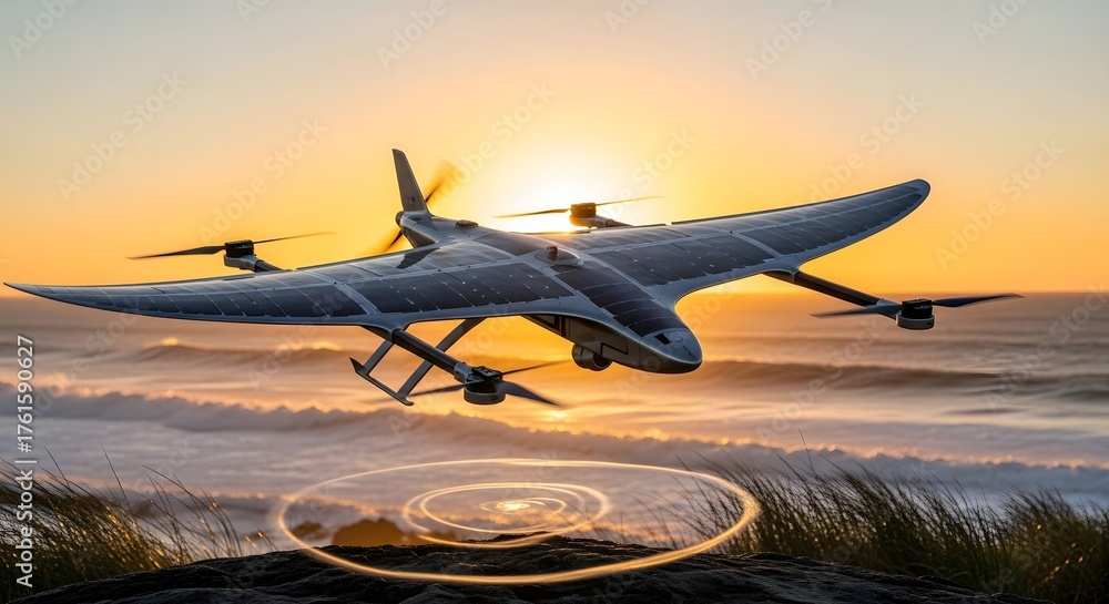 Fototapeta premium Solar-Powered Drone Innovation: Unmanned Aerial Vehicle with Solar Panels Hovering Over Ocean at Sunset, Demonstrating Sustainable Aviation and Renewable Energy Technology