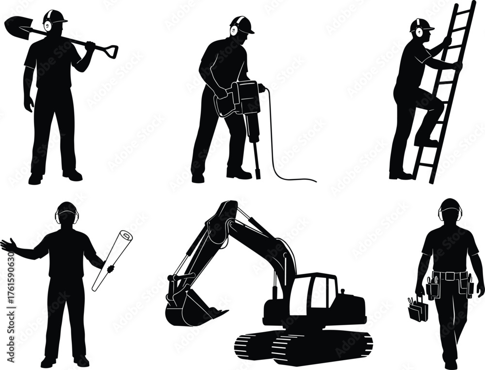 Obraz premium Silhouettes of construction workers with tools and equipment, jackhammer, ladder, blueprint, toolbox, excavator, safety gear, industrial site illustration