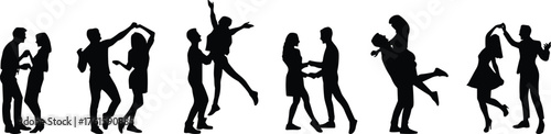 Silhouettes of dancing couples in various poses showcasing diverse dance styles, movement, romance, and human interaction on white background