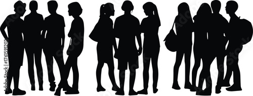 Silhouettes of diverse people standing together, interacting casually, representing social behavior, group dynamics, student life, and educational environments outdoorsSilhouettes of diverse 