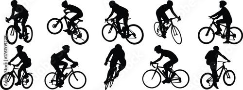 Silhouettes of diverse cyclists riding bicycles in various postures, showcasing road biking, mountain biking, racing styles, and cycling equipment variety