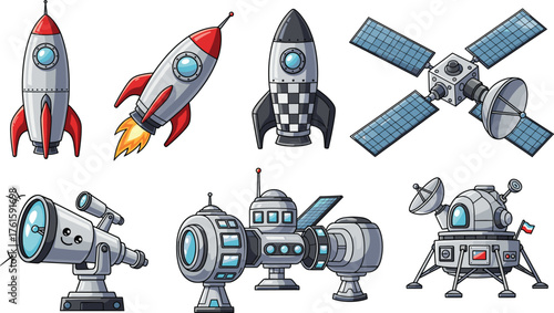 Vector illustration of cartoon rockets, telescope, satellite, and space station for astronomy education, space exploration, science, and futuristic design.