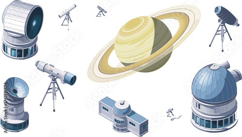 Isometric illustration of astronomical observatories and telescopes viewing Saturn planet with rings, representing space exploration, astronomy, and scientific observation