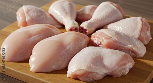 Raw Chicken Pieces on a Wooden Cutting Board.