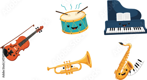 Vector illustration of cute cartoon musical instruments including piano, drum, violin, trumpet, and saxophone with smiling faces for education.