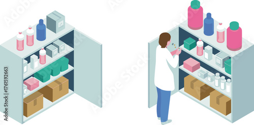 Isometric illustration of laboratory storage cabinet with bottles, boxes, and a scientist organizing chemical supplies in clean modern lab environment