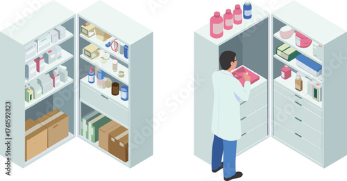 Isometric illustration of laboratory storage cabinet with bottles, boxes, and a scientist organizing chemical supplies in clean modern lab environment