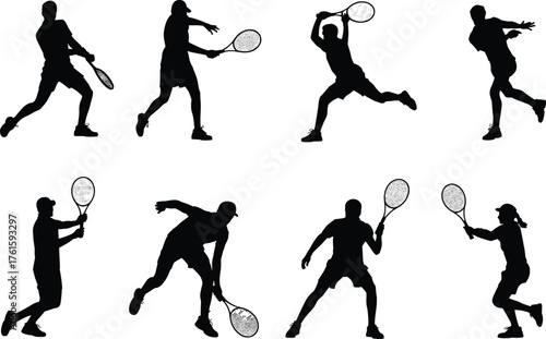 Silhouettes of eight tennis players in dynamic action poses with rackets, showcasing athletic movement, sports technique, and fitness design reference