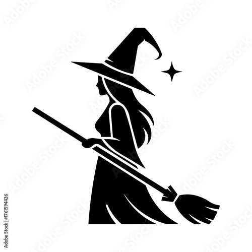 Silhouette of witch holding broom with pointed hat and star sparkle. Halloween witch illustration for spooky night theme, decoration, poster, or holiday party design.
