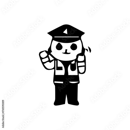 Illustration of a cute traffic police cartoon character in various poses and activities, such as giving hand signals, directing traffic, stopping vehicles, and standing next to a police motorcycle.