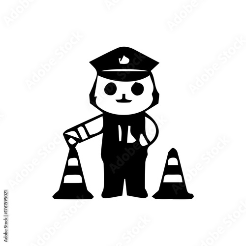 Illustration of a cute traffic police cartoon character in various poses and activities, such as giving hand signals, directing traffic, stopping vehicles, and standing next to a police motorcycle.