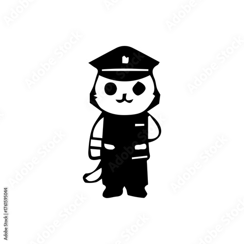 Illustration of a cute traffic police cartoon character in various poses and activities, such as giving hand signals, directing traffic, stopping vehicles, and standing next to a police motorcycle.