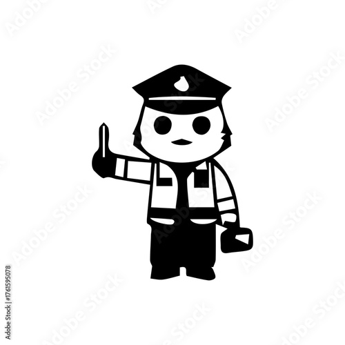 Illustration of a cute traffic police cartoon character in various poses and activities, such as giving hand signals, directing traffic, stopping vehicles, and standing next to a police motorcycle.