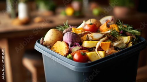 A compost bin filled with organic waste, showcasing a variety of vegetables and fruits ready for recycling.