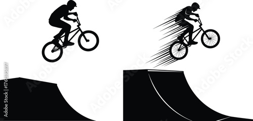 Silhouette illustration of BMX rider performing extreme jump stunt on ramp with freestyle motion showing action speed and urban sport style.