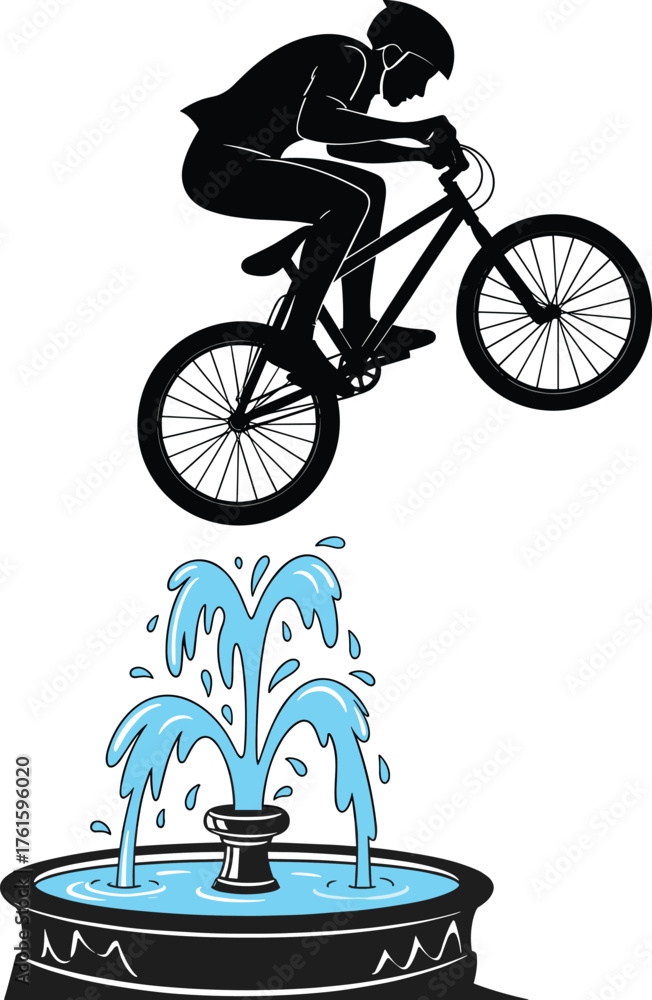 Fototapeta premium Silhouette illustration of BMX rider performing extreme stunt jump on bicycle over decorative water fountain with splashing streams vector art.