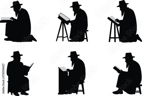 Silhouette illustration of religious man reading book, studying scripture, traditional clothing, spiritual education, faith devotion, cultural worship vector design