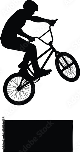 Silhouette of BMX rider performing jump stunt on bicycle over obstacle, extreme sport action, freestyle cycling tricks, urban adventure vector illustration.