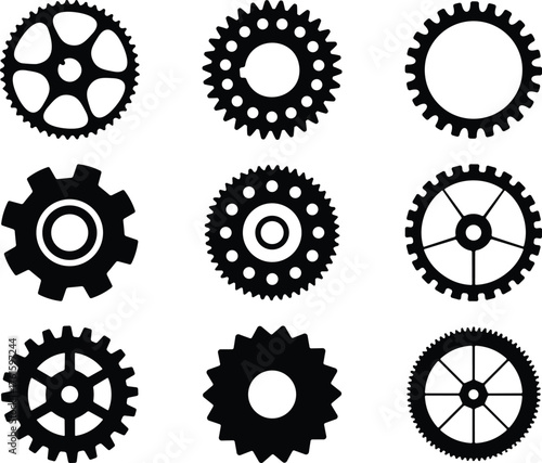 Silhouettes of nine mechanical gear icons in grid layout showcasing diverse tooth patterns, spoke designs, and engineering component styles