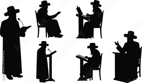 Silhouette of religious men reading books and giving speech, studying scripture, teaching tradition, faith practice, worship, education, religion illustration