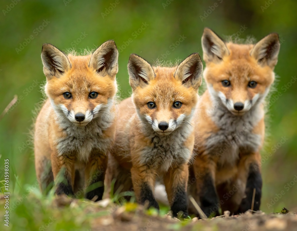 Fototapeta premium Three adorable fox kits stand side-by-side, their furry bodies and alert expressions captured in a close-up shot. The background is soft green