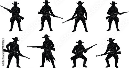 Silhouette set of wild west cowboys holding rifles and shotguns, outlaw western gunmen characters vintage style vector illustration design.