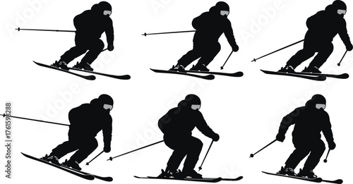 Silhouette skier winter sport downhill skiing illustration, extreme snow mountain activity, outdoor adventure, cold weather recreation, alpine competition vector design
