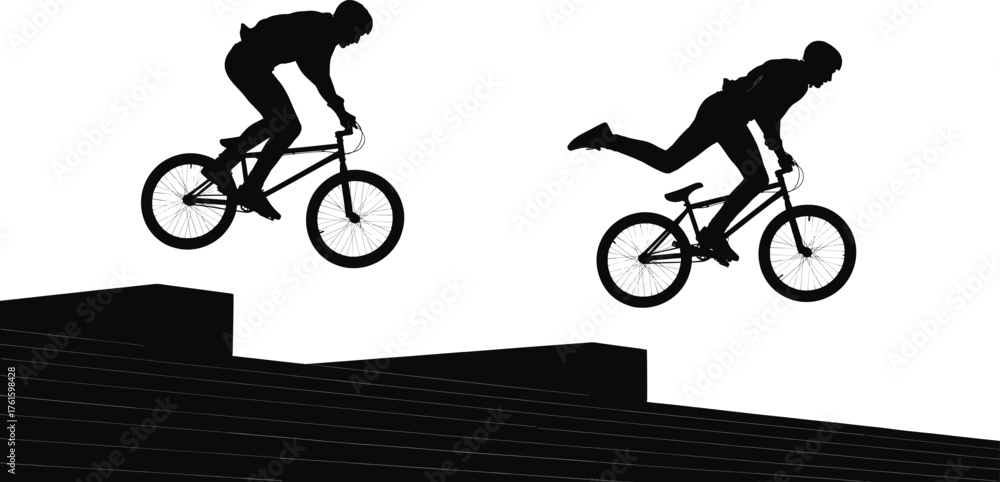 Fototapeta premium Silhouette vector illustration of BMX cyclist performing extreme stunt trick while jumping over stairs, urban freestyle action sport design for competition