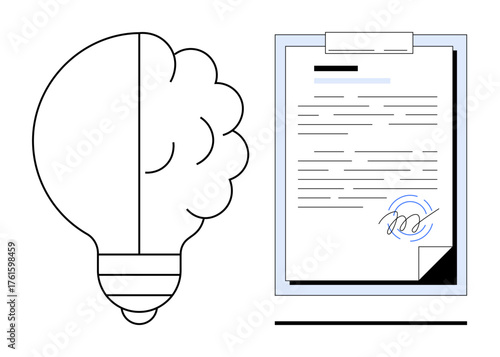 Lightbulb symbolizing creativity beside a signed contract. Ideal for innovation, agreements, intellectual property, business deals, brainstorming, legal services, startups. Simple flat metaphor