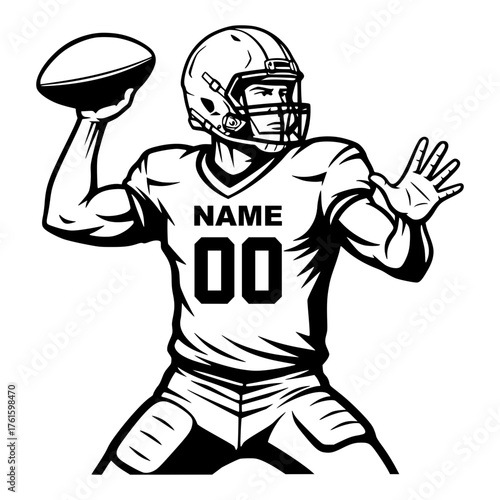 American Football Quarterback Throwing Ball Line Art Template, Personalized Jersey, Sport, Action