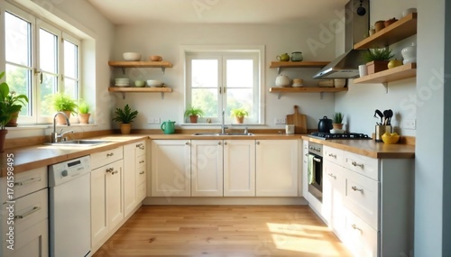 Sparkling Clean Kitchen Gleaming Countertops, Spotless Floor, Ready for a Relaxing Day